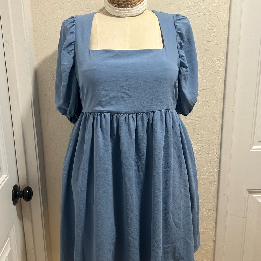 ARULA Sky Blue Square-Neck Puff Sleeve Mini Dress